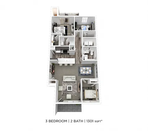 Floor plan Three Bedroom 2 Bath - 1,301 sqft