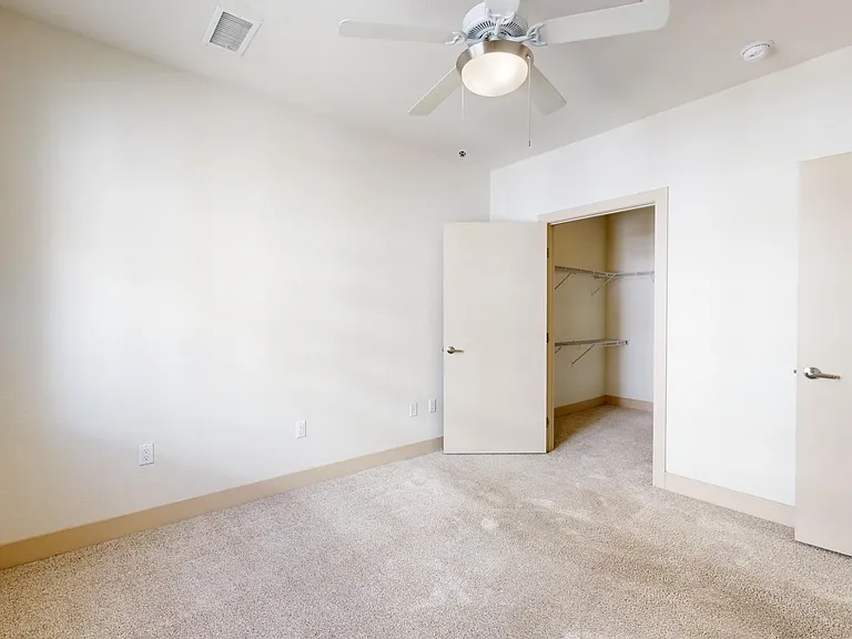 Spacious apartment bedroom with large closet and plush carpet flooring.