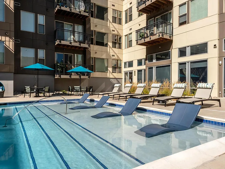 Modern Pool Deck Featuring Sun Shelf and Ample Seating