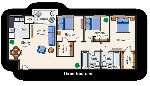 Floor plan 3 Bedroom 2 Bath Type A