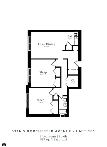 Floor plan 2 Bed | 1 Bath (C1)