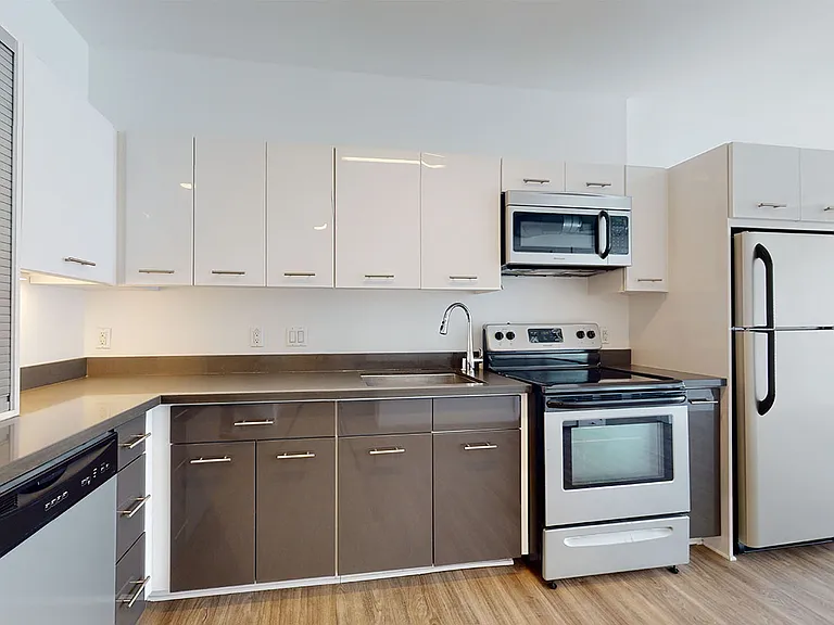 Apartment kitchen with stainless steel appliances, quartz countertops and wood-style flooring.