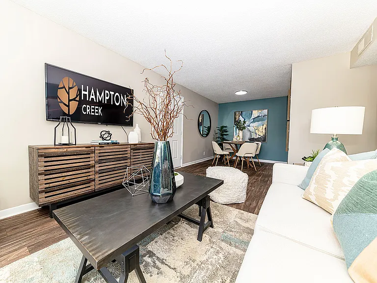 Spacious living room with hardwood-style flooring