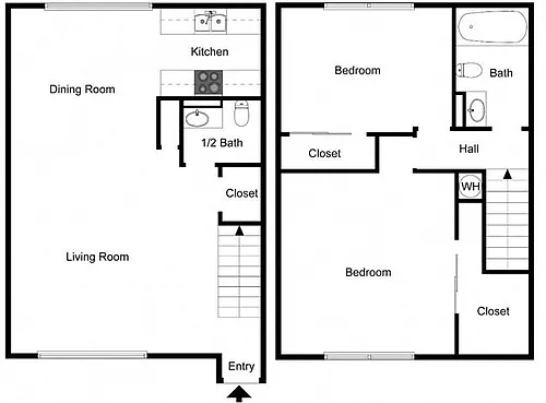 Floor plan 2 Bedroom 1.5 Bath Townhouse