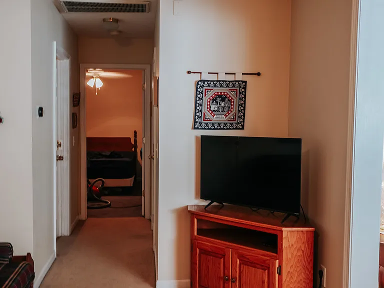 TV in den, hallway to bedroom