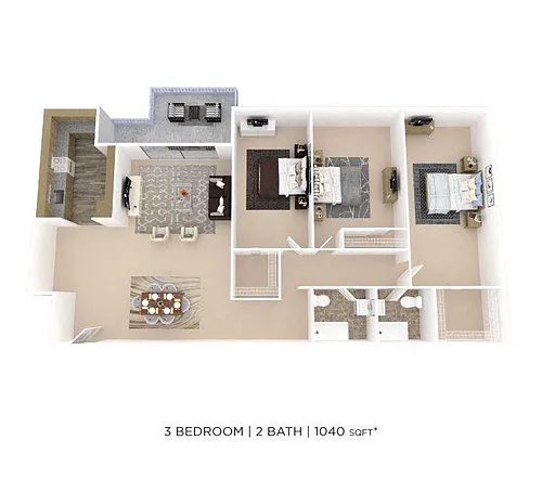 Floor plan Three Bedroom 2 Bath - 1,250 sqft