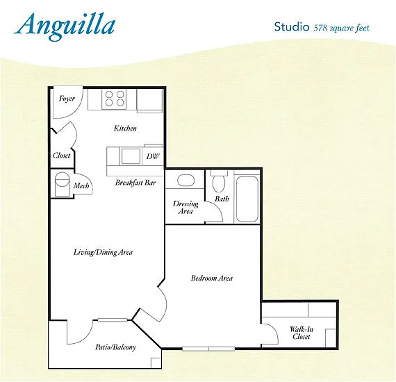 Floor plan S4 - Anguilla - Studio, One Bathroom