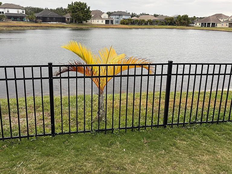 Fenced-in back yard next to pond