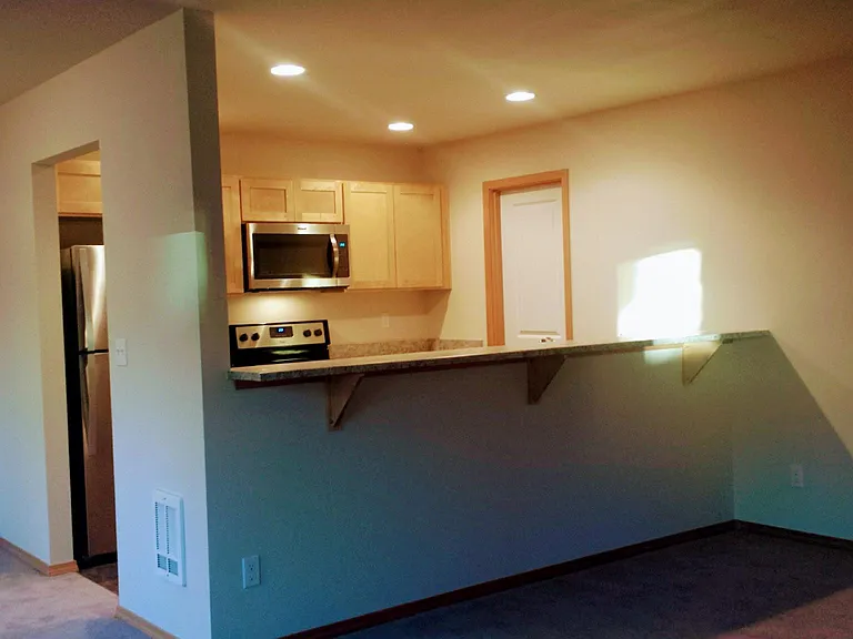 Recessed lighting, open and airy floor plan.