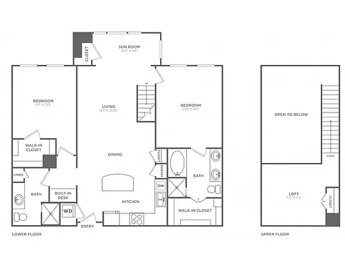 Floor plan 2 Bedroom 2 Bath Loft (1,417 SF)