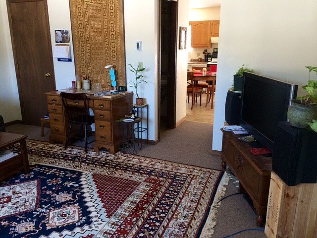 Living Room Partial View #2 with Closet, Hallway to Kitchen with half bathroom on the left