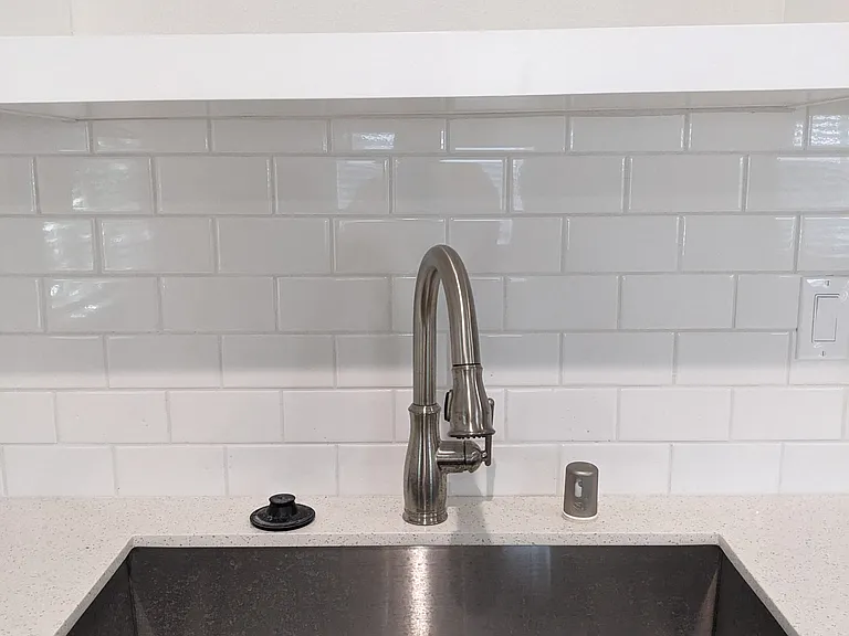 Kitchen sink and backsplash at The Hardison Apartments in Pasadena, California.