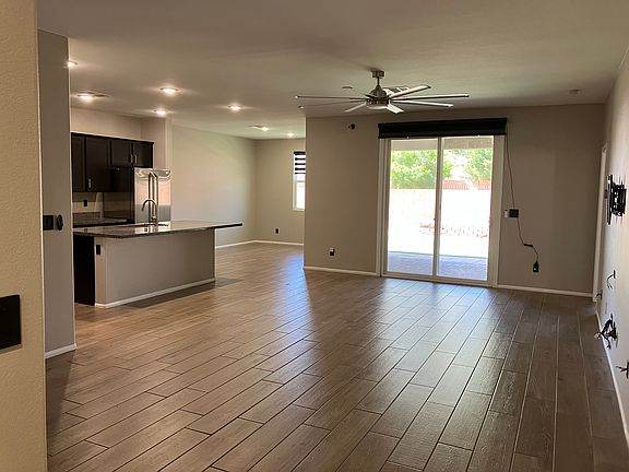 Living room, kitchen, and dining room