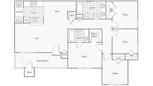 Floor plan 4BR x 2BA with Washer/Dryer