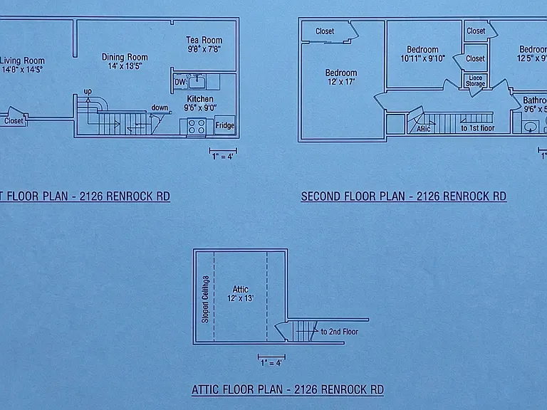 Floor plans for the first floor, second floor, and attic