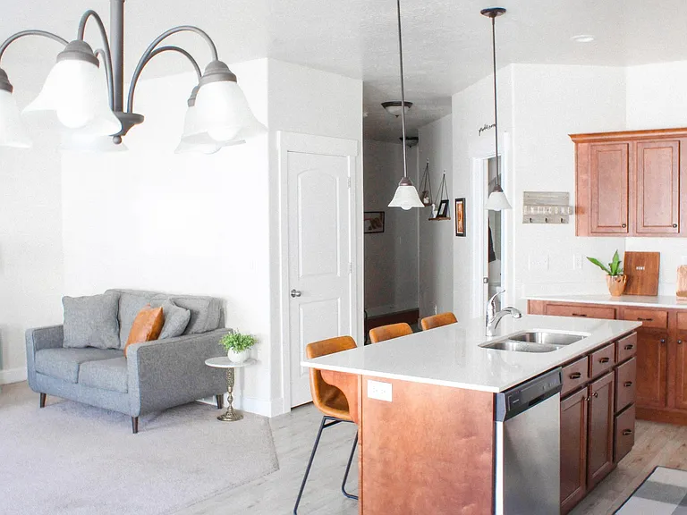Kitchen and living room.