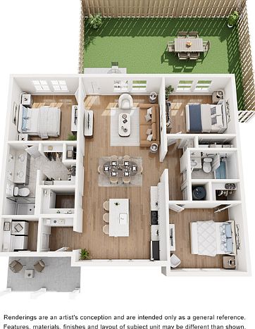 Modern 3D floor plan highlighting 3 bedrooms, an elegant open-plan kitchen, and a cozy living room with access to a charming outdoor patio. Modern 3D floor plan highlighting 3 bedrooms, an elegant open-plan kitchen, and a cozy living room with access to a
