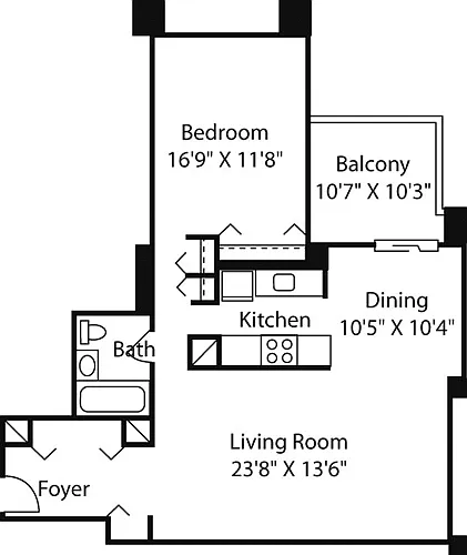 Floor plan Longfellow One Bedroom -B