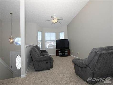 Freshly painted and new carpet in the living room with bay window and ceiling fan.