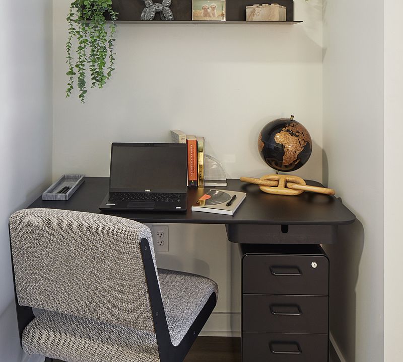 Desk with wood-style flooring.