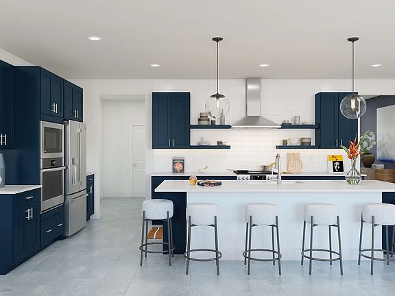 Kitchen with pendant lighting and floating shelves