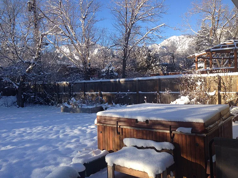 Winter view of the Flatirons from the hottub