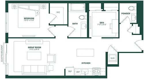 Floor plan 1 Bed/1.5 Bath Den-1Q