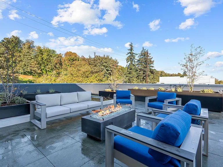 Enjoy the outdoor ambiance on this rooftop patio, featuring comfortable couches, chairs, and a cozy fire pit for gatherings.