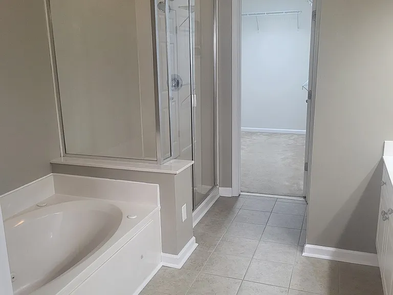 Master bathroom with large shower and Jacozine jetted tub, double vanity