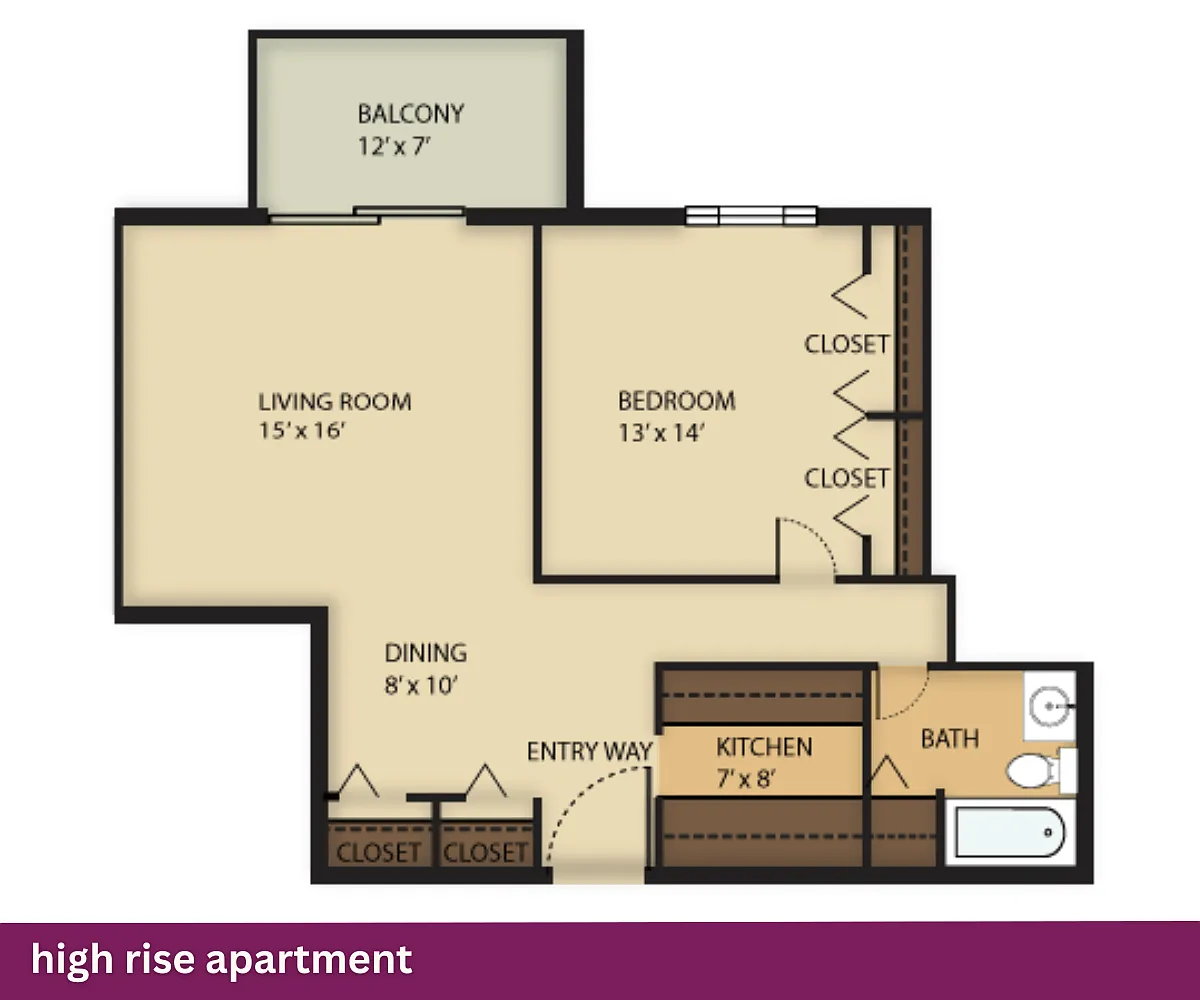 Floor plan High Rise Apartment: 1 Bed + 1 Bath