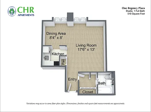 Floor plan Studio/1 Bath with Dining Area