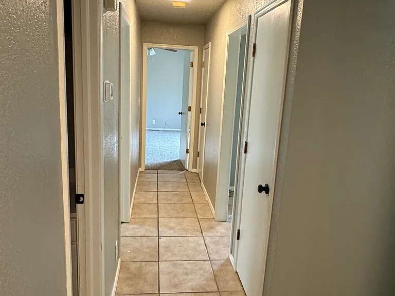 View down hall to Master BR, two hall storage closets.