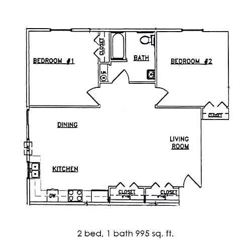 Floor plan 2 Bed 1 Bath | 995 sqft