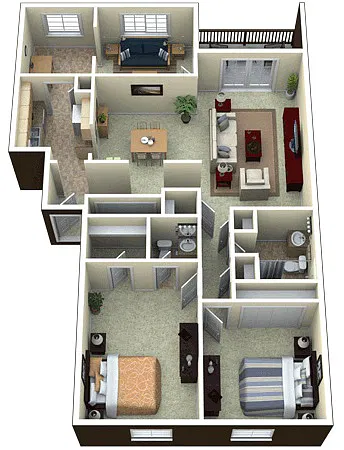 Floor plan 2 Bed 2 Bath with Den