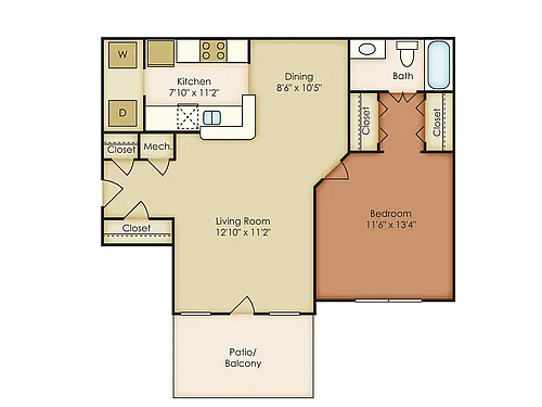 Floor plan 1 Bed, 1 Bath A (80% Income Restricted)