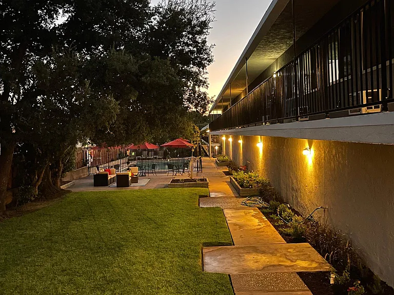 Atmospheric evening lighting. Pool is lit at night, too.