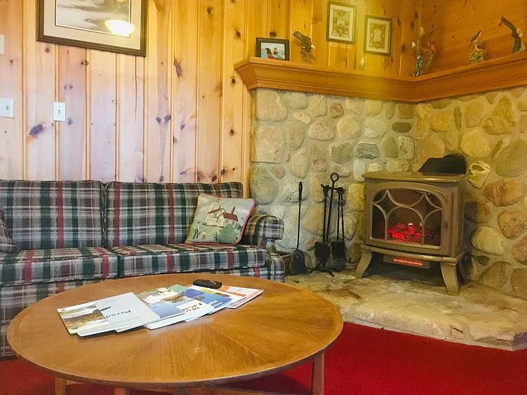 Photo shows electric wood stove. A functional stove has been set back in its spot for use.