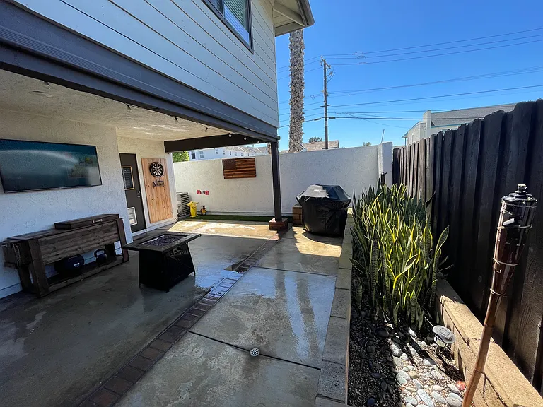 Newly installed turf strip. Planter box with snake plants, and more room for a private garden. Comes with Mounted TV