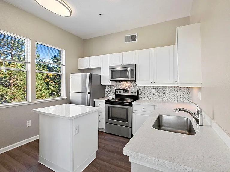 Gourmet kitchens feature built-in microwaves and dishwashers