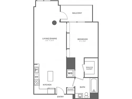 Floor plan One Bedroom One Bath (820 SF)