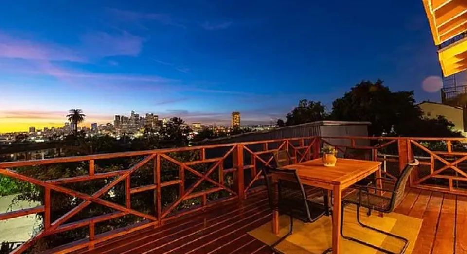 Private deck with view of downtown Los Angeles.