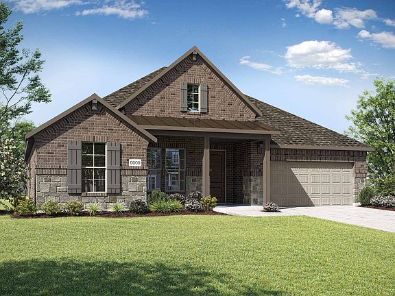 Elevation D is a single story farmhouse inspired brick and stone elevation with a metal roof detail