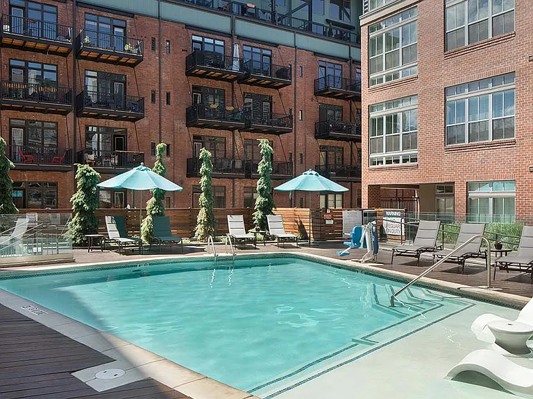Apartment community resort style pool at Griffis North Union in Denver, Colorado.