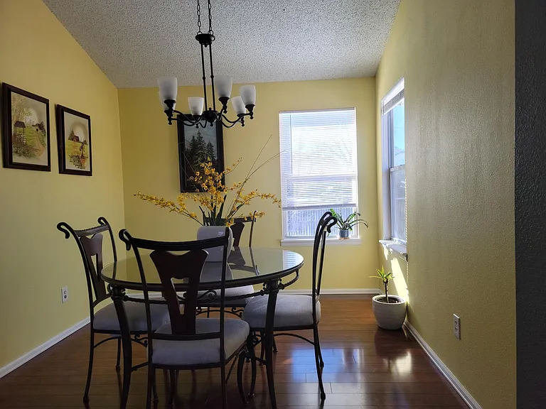 Dining room has a dog door leading into the dog run area. Great views of the backyard!