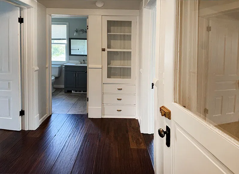 Entry way area that leads to bedroom, kitchen, bath and living room.