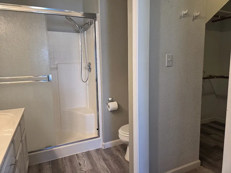 Another view of the master bath with the door leading into the large walk in closet.