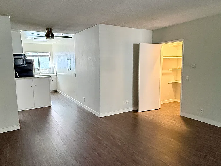 View of living room, dining room, walk-in closet/pantry, kitchen from the opposite side of the front door.