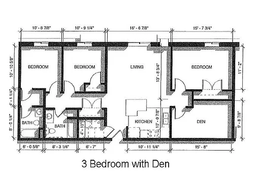 Floor plan 3 Bed 2 Bath + Den | 1500 sqft