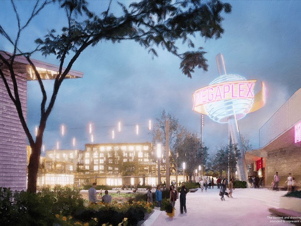 A lively outdoor plaza at dusk in Downtown Daybreak, with people walking, neon signs for a megaplex