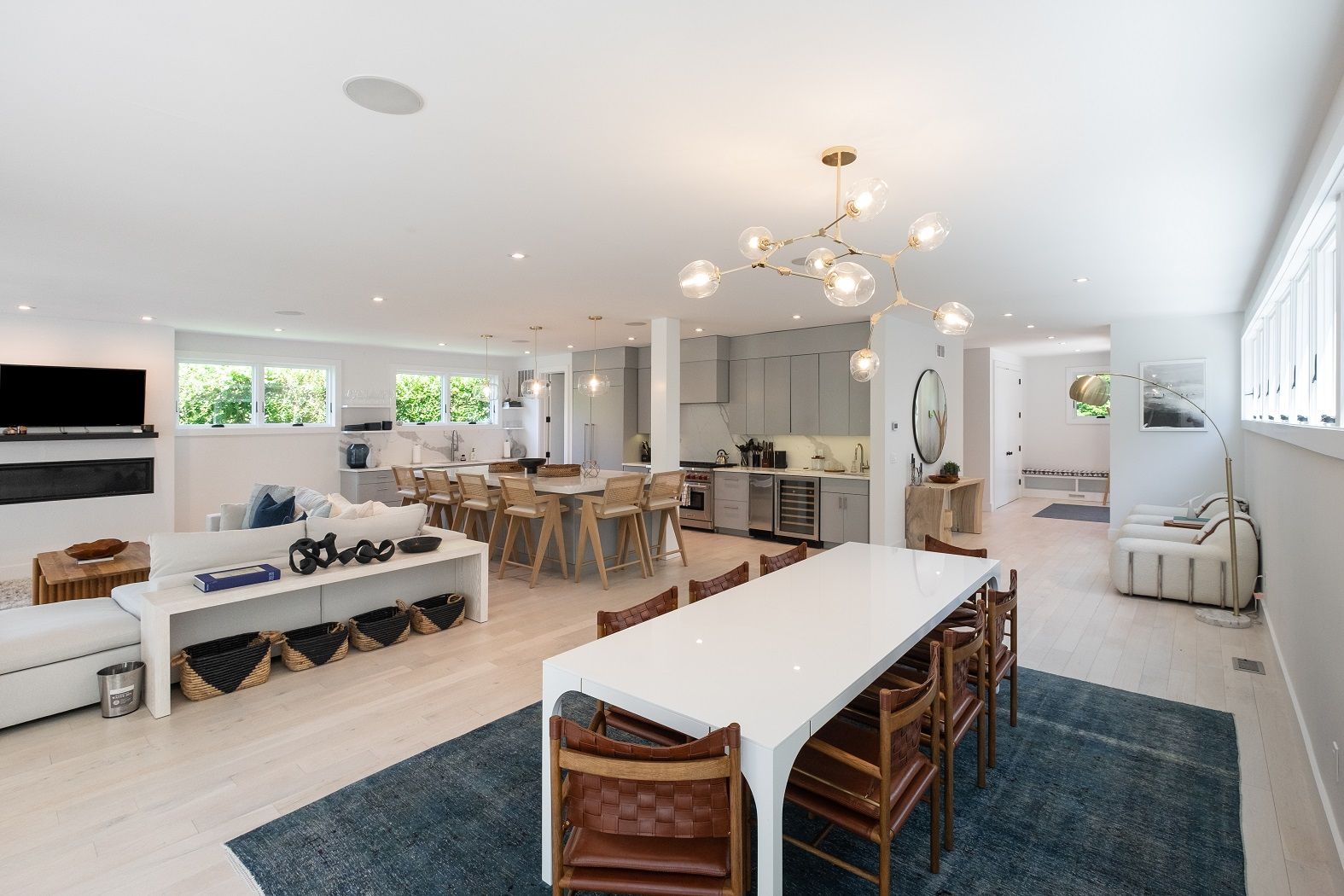 Open concept living room dining room kitchen, huge island, fire place lots of privacy